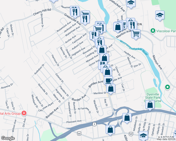 map of restaurants, bars, coffee shops, grocery stores, and more near 11 Phoebe Street in Johnston
