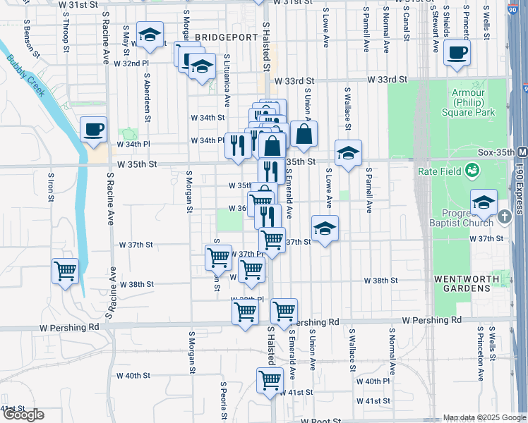 map of restaurants, bars, coffee shops, grocery stores, and more near 3558 South Halsted Street in Chicago