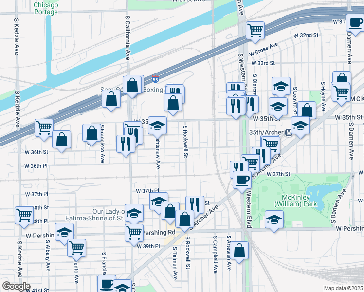 map of restaurants, bars, coffee shops, grocery stores, and more near 3536 South Rockwell Street in Chicago