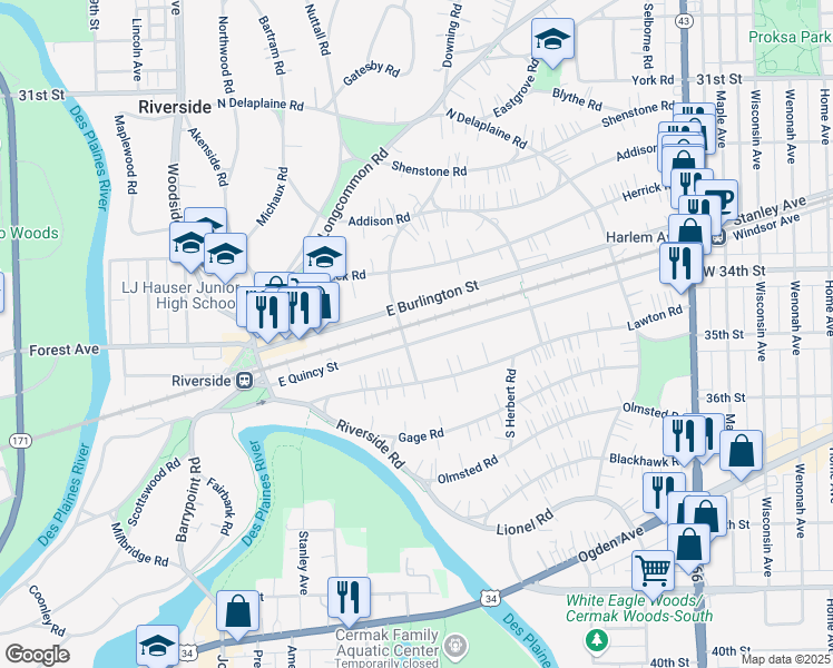 map of restaurants, bars, coffee shops, grocery stores, and more near 141 East Burlington Street in Riverside