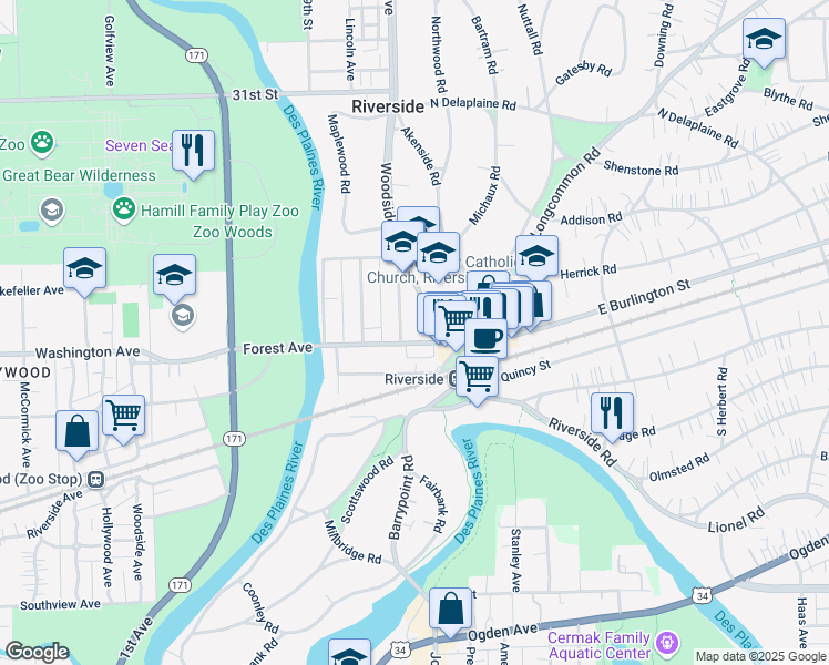 map of restaurants, bars, coffee shops, grocery stores, and more near 63 Kimbark Road in Riverside