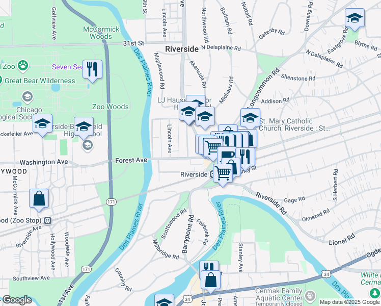 map of restaurants, bars, coffee shops, grocery stores, and more near 63 Kimbark Road in Riverside
