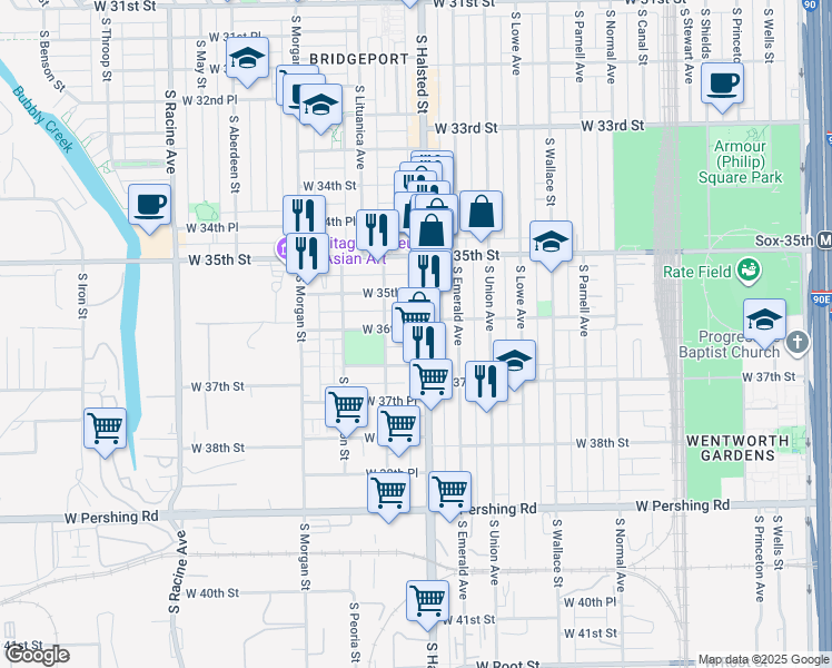 map of restaurants, bars, coffee shops, grocery stores, and more near 3558 South Halsted Street in Chicago
