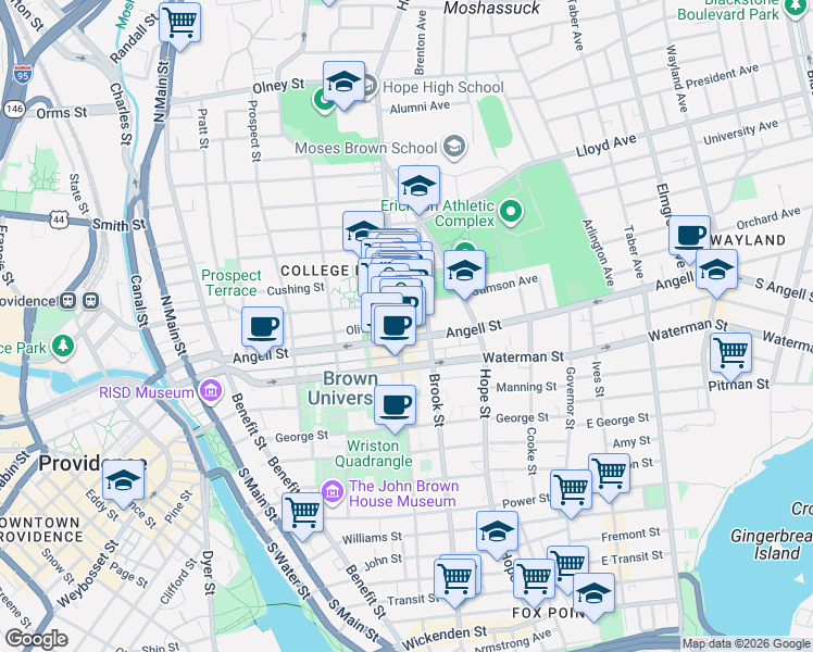 map of restaurants, bars, coffee shops, grocery stores, and more near 245 Meeting Street in Providence