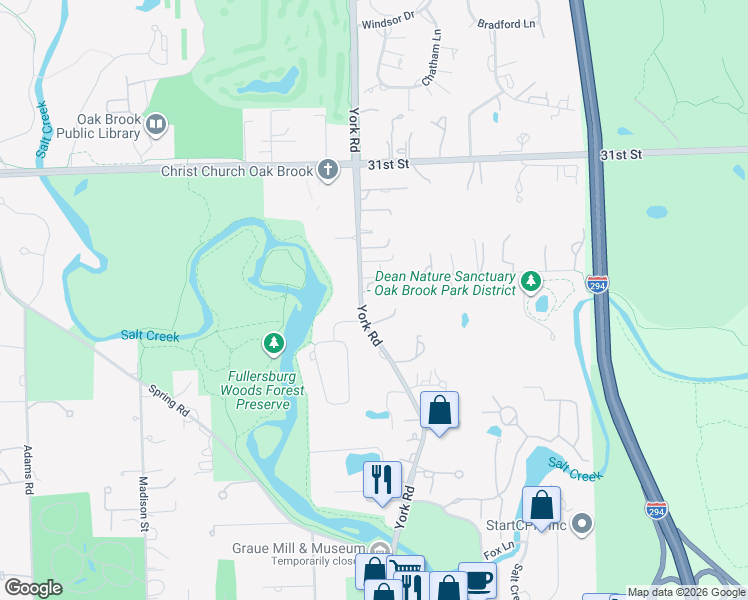 map of restaurants, bars, coffee shops, grocery stores, and more near 3305 York Road in Oak Brook