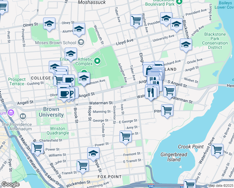 map of restaurants, bars, coffee shops, grocery stores, and more near 339 Angell Street in Providence