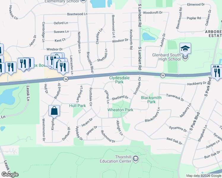 map of restaurants, bars, coffee shops, grocery stores, and more near 1844 Clydesdale Drive in Wheaton