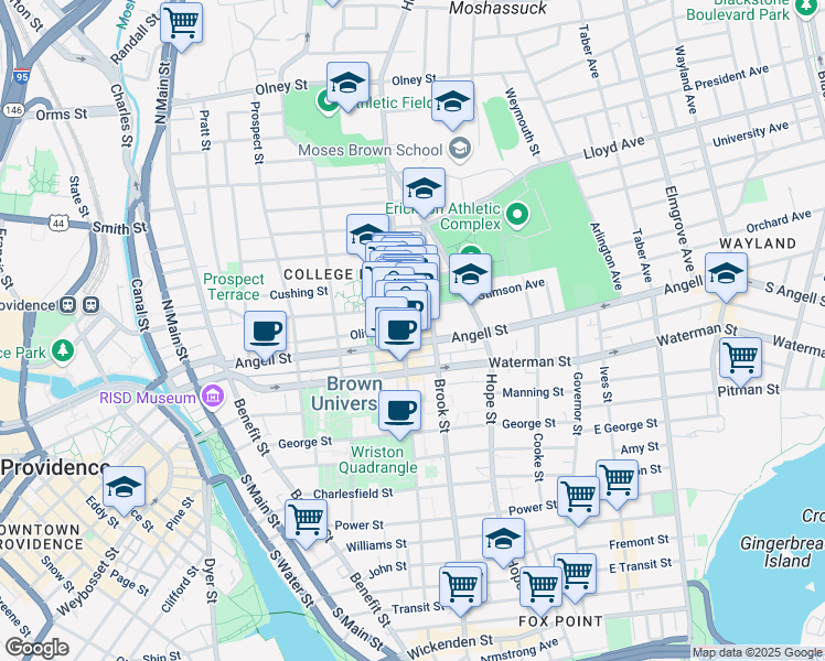 map of restaurants, bars, coffee shops, grocery stores, and more near 7 Euclid Avenue in Providence