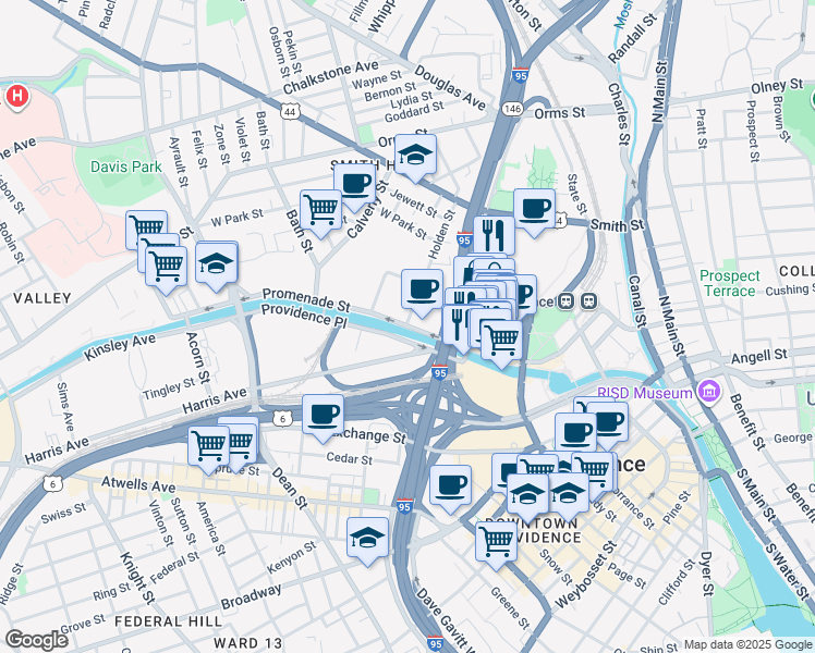 map of restaurants, bars, coffee shops, grocery stores, and more near Promenade St & Holden St in Providence