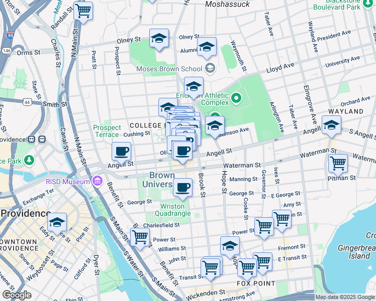 map of restaurants, bars, coffee shops, grocery stores, and more near 5 Euclid Avenue in Providence