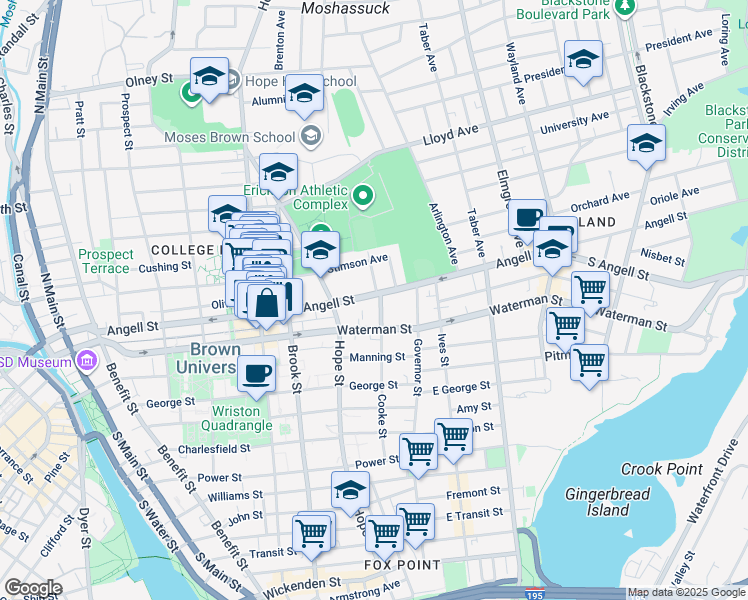 map of restaurants, bars, coffee shops, grocery stores, and more near 302 Angell Street in Providence