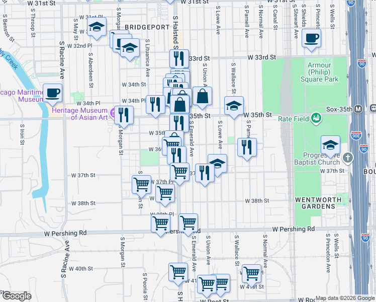 map of restaurants, bars, coffee shops, grocery stores, and more near 3558 South Emerald Avenue in Chicago