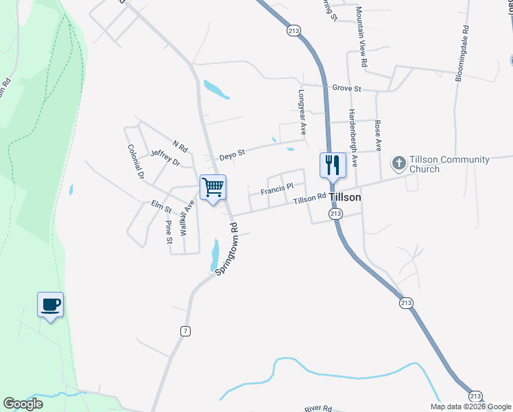 map of restaurants, bars, coffee shops, grocery stores, and more near 15 Tillson Rd in Tillson