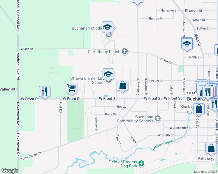 map of restaurants, bars, coffee shops, grocery stores, and more near 109 Ottawa Street in Buchanan