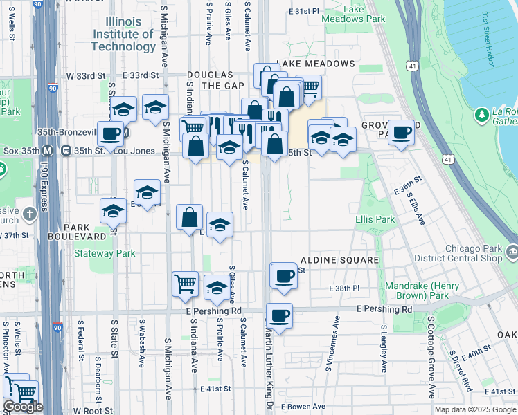 map of restaurants, bars, coffee shops, grocery stores, and more near 3624 South Doctor Martin Luther King Junior Drive in Chicago