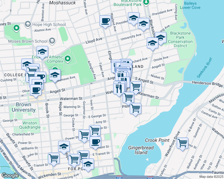 map of restaurants, bars, coffee shops, grocery stores, and more near 212 Waterman Street in Providence