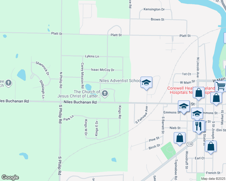 map of restaurants, bars, coffee shops, grocery stores, and more near 1297 Missions East Drive in Niles