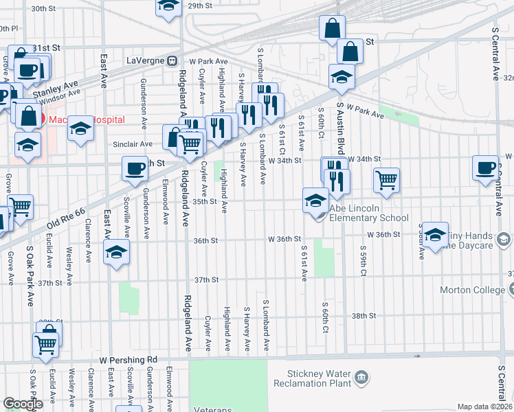 map of restaurants, bars, coffee shops, grocery stores, and more near 3448 Lombard Avenue in Berwyn