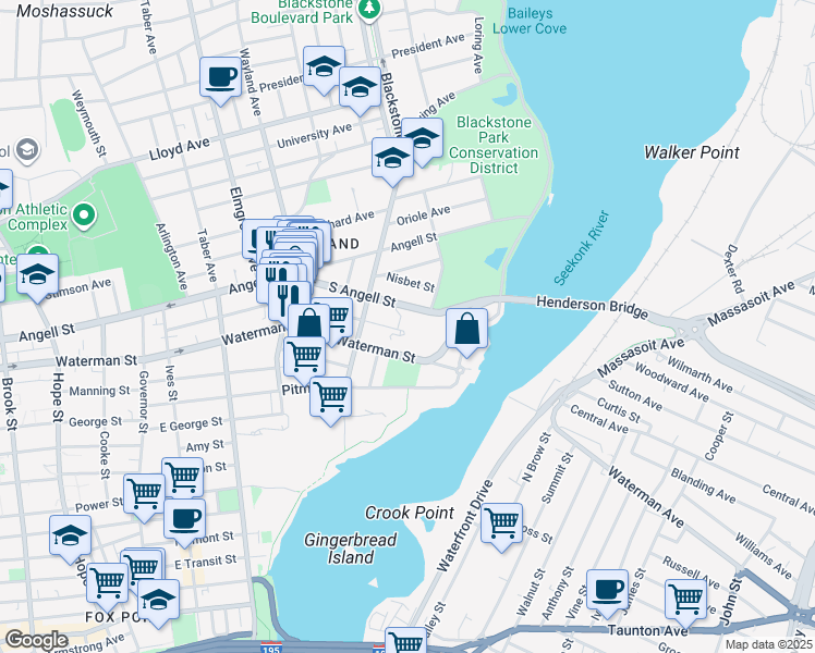 map of restaurants, bars, coffee shops, grocery stores, and more near 111 South Angell Street in Providence