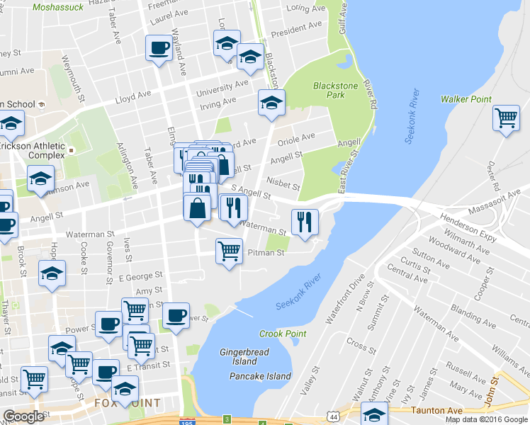 map of restaurants, bars, coffee shops, grocery stores, and more near Providence Square in Providence