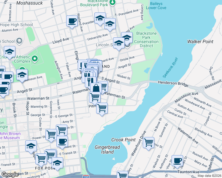 map of restaurants, bars, coffee shops, grocery stores, and more near 163 Butler Avenue in Providence