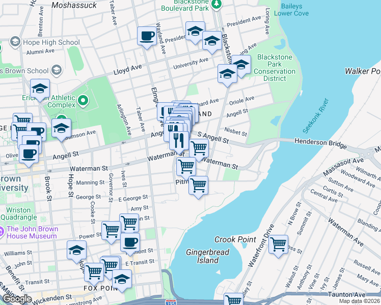 map of restaurants, bars, coffee shops, grocery stores, and more near 172 Medway Street in Providence