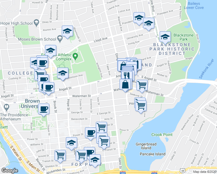 map of restaurants, bars, coffee shops, grocery stores, and more near 272 Gano Street in Providence