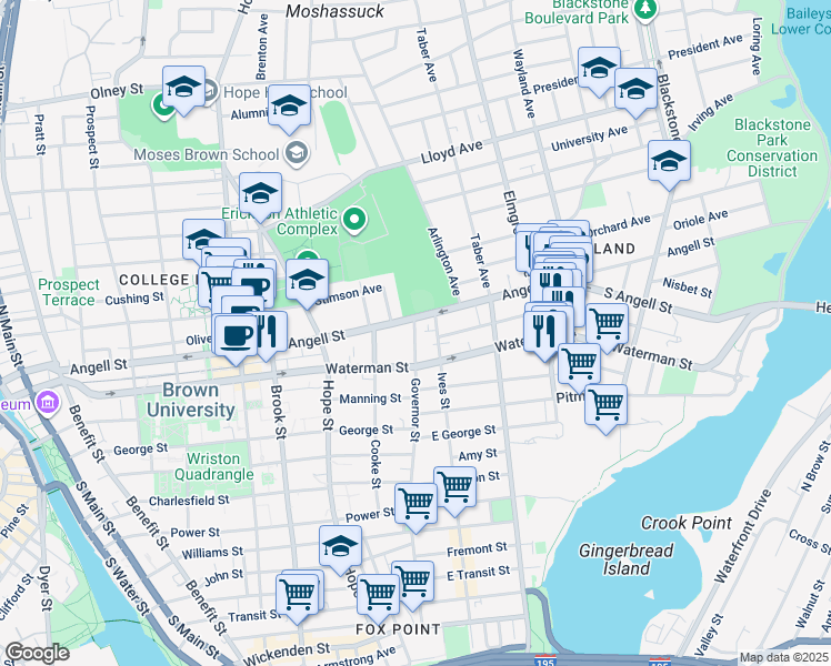 map of restaurants, bars, coffee shops, grocery stores, and more near 339 Angell Street in Providence