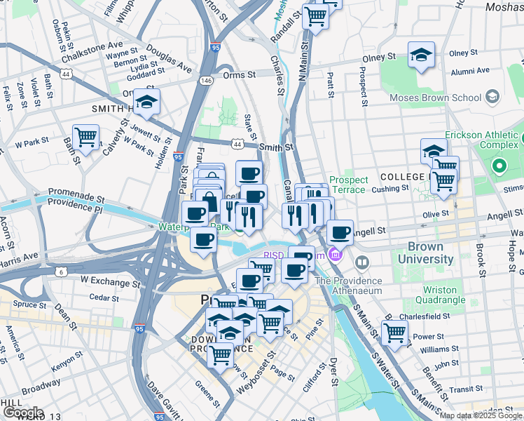 map of restaurants, bars, coffee shops, grocery stores, and more near 25 Park Row West in Providence