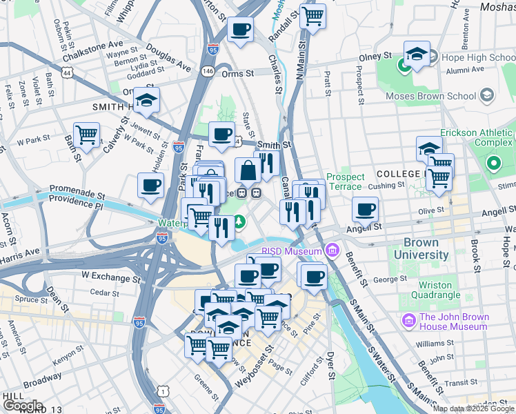 map of restaurants, bars, coffee shops, grocery stores, and more near 25 Park Row West in Providence