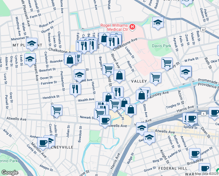 map of restaurants, bars, coffee shops, grocery stores, and more near 88 Allston Street in Providence