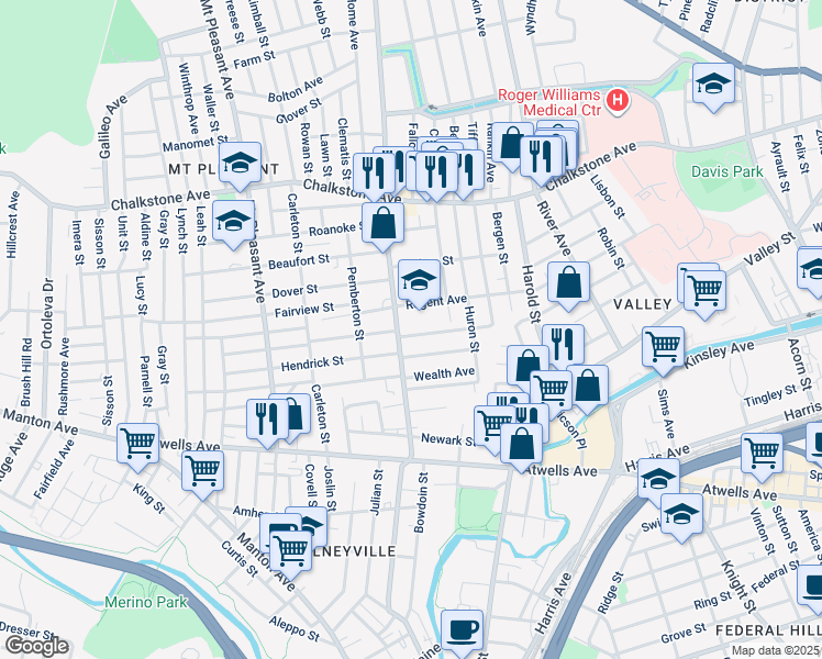 map of restaurants, bars, coffee shops, grocery stores, and more near 145 Academy Avenue in Providence