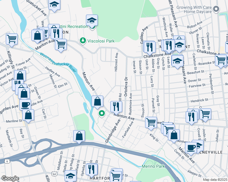 map of restaurants, bars, coffee shops, grocery stores, and more near 66 Leander Street in Providence