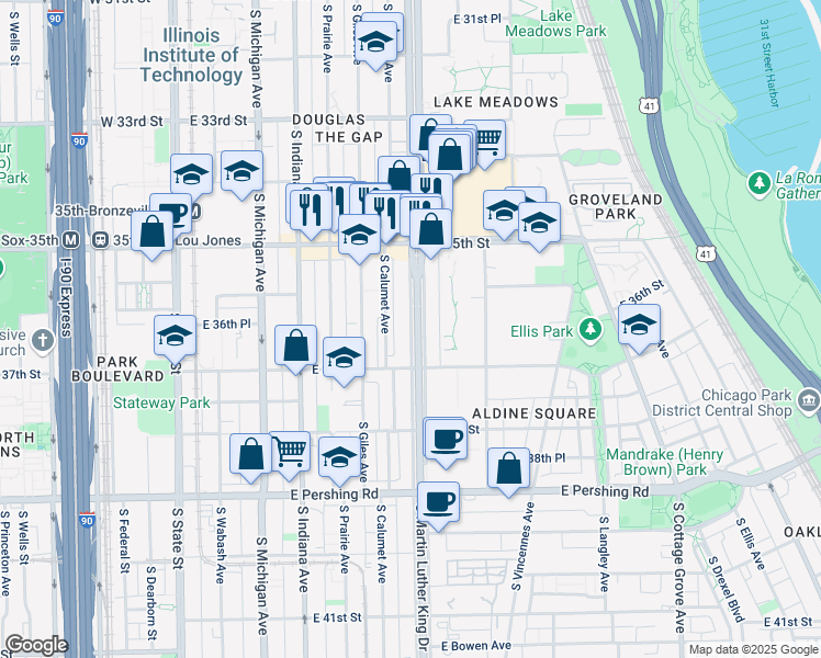 map of restaurants, bars, coffee shops, grocery stores, and more near 3605 South Calumet Avenue in Chicago
