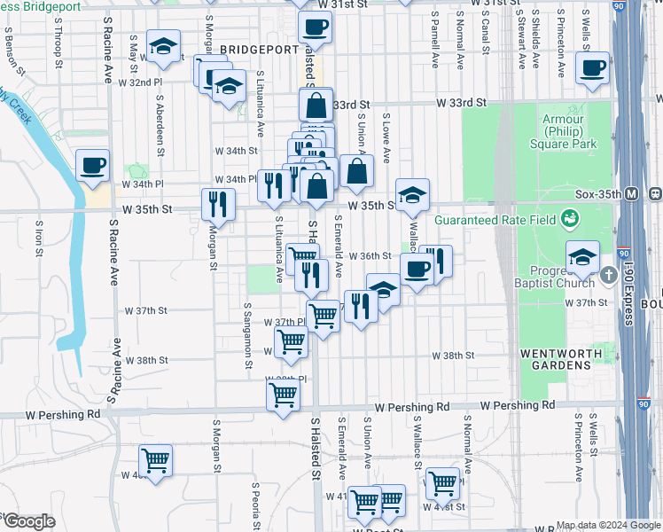 map of restaurants, bars, coffee shops, grocery stores, and more near 3558 South Emerald Avenue in Chicago