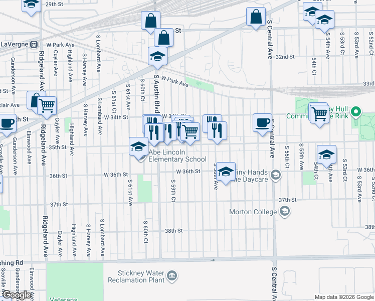 map of restaurants, bars, coffee shops, grocery stores, and more near 5906 35th Street in Cicero