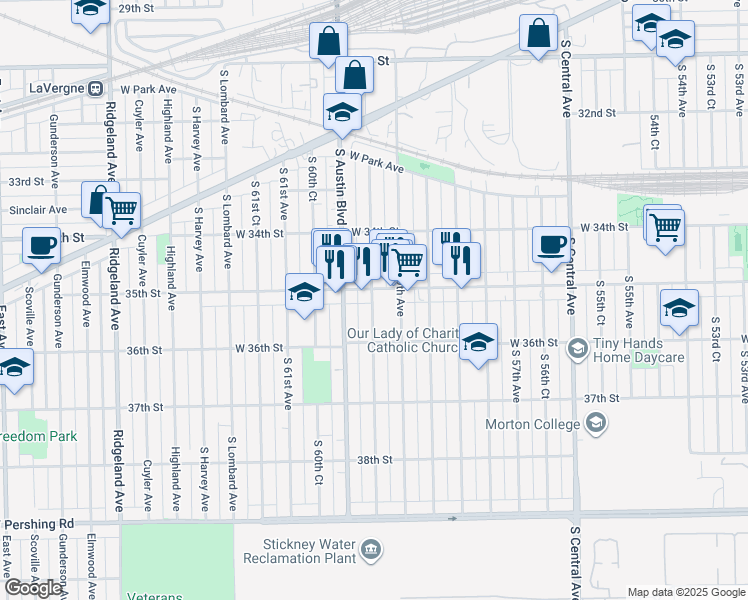 map of restaurants, bars, coffee shops, grocery stores, and more near 15 35th Street in Cicero