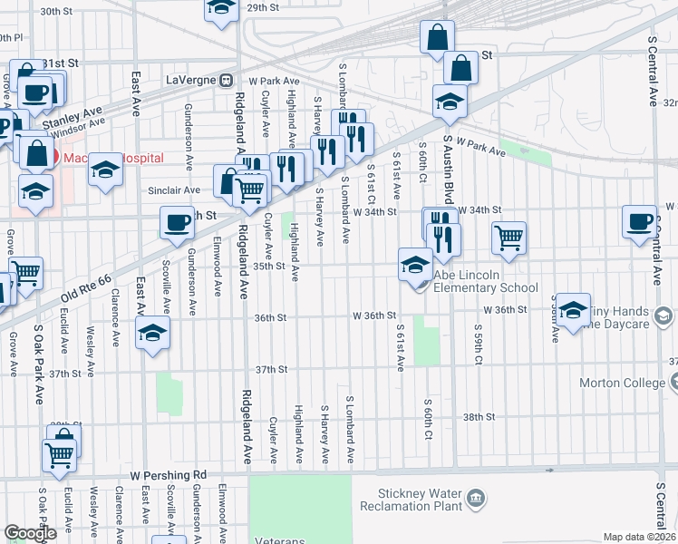 map of restaurants, bars, coffee shops, grocery stores, and more near 3448 Lombard Avenue in Berwyn