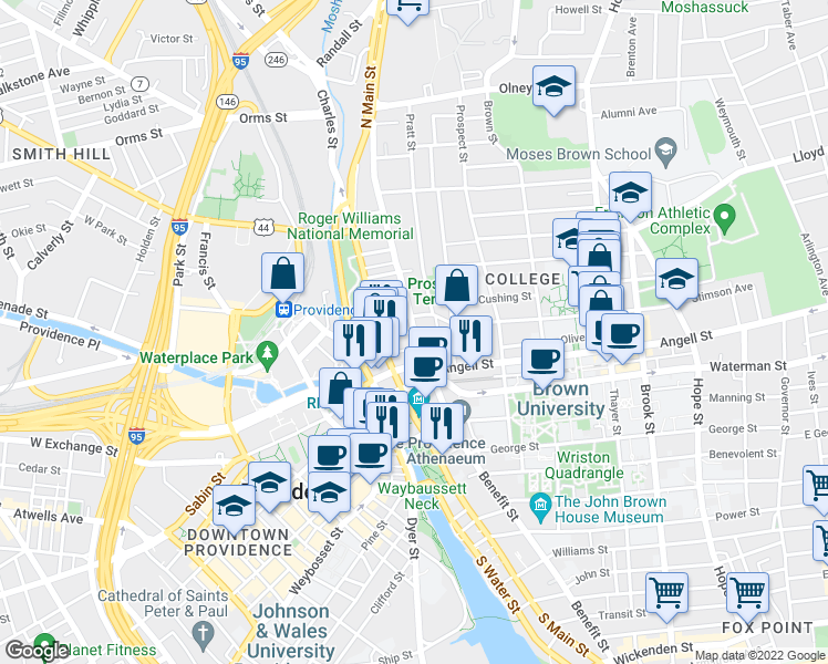 map of restaurants, bars, coffee shops, grocery stores, and more near Benefit St & Meeting St in Providence