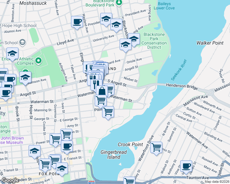 map of restaurants, bars, coffee shops, grocery stores, and more near 163 Butler Avenue in Providence
