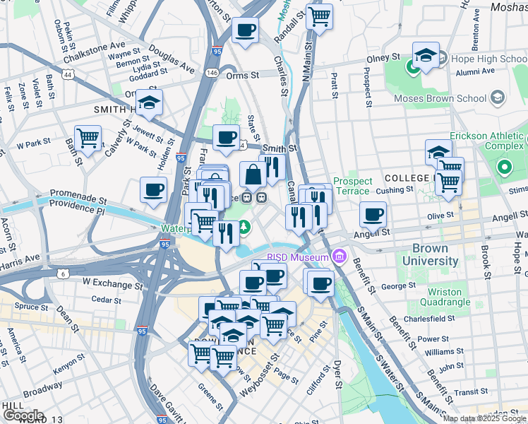 map of restaurants, bars, coffee shops, grocery stores, and more near 50 Park Row West in Providence