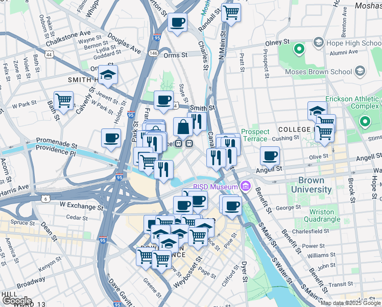 map of restaurants, bars, coffee shops, grocery stores, and more near 50 Park Row West in Providence