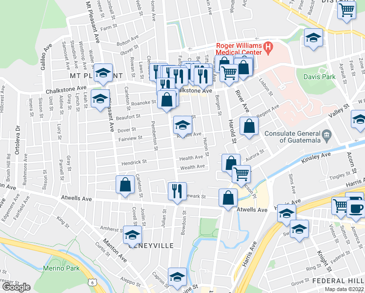 map of restaurants, bars, coffee shops, grocery stores, and more near 145 Academy Avenue in Providence