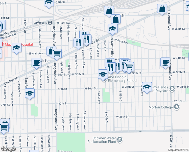 map of restaurants, bars, coffee shops, grocery stores, and more near 3447 South 61st Avenue in Cicero