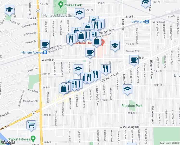 map of restaurants, bars, coffee shops, grocery stores, and more near Grove Ave & 35th St in Berwyn