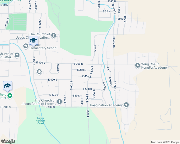 map of restaurants, bars, coffee shops, grocery stores, and more near 825 East 350 South in Smithfield