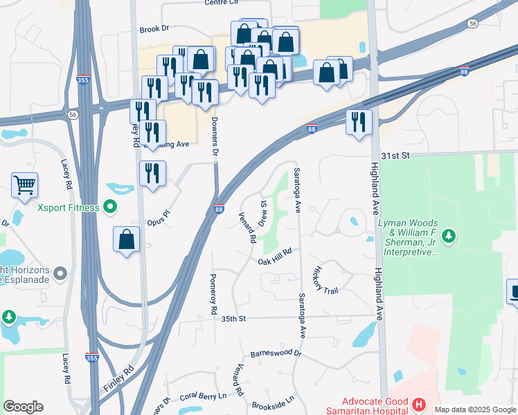 map of restaurants, bars, coffee shops, grocery stores, and more near 3217 Venard Road in Downers Grove