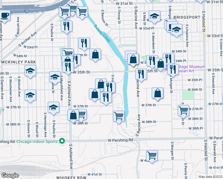 map of restaurants, bars, coffee shops, grocery stores, and more near 3600 South Iron Street in Chicago