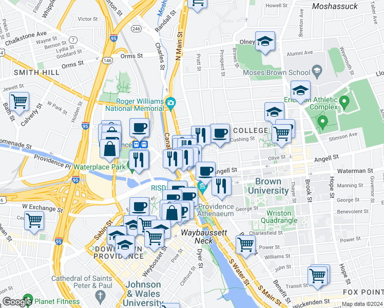 map of restaurants, bars, coffee shops, grocery stores, and more near 24 Meeting Street in Providence