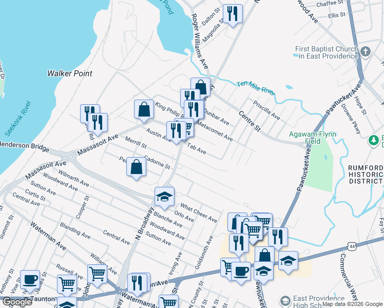 map of restaurants, bars, coffee shops, grocery stores, and more near 15 Tab Avenue in East Providence